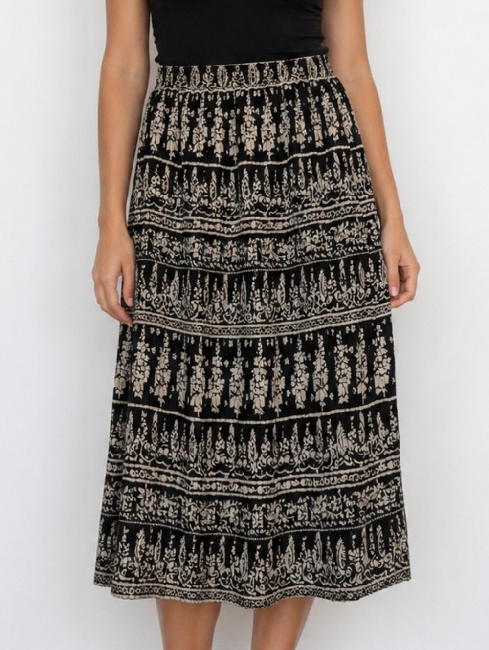 Marisa Christina Petite Small Boho Midi Skirt Black & Cream Floral Print